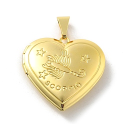 Скорпион Подвески латуни медальон, без свинца и без кадмия, долговечный, стойки покрытие, реальный 18 k позолоченный, сердце с двенадцатью созвездиями, Скорпион, 29x28.5x7 мм, отверстие : 7.5x3.5 мм, внутренний диаметр: 20x21 мм