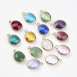 Mixed Color Glass Pendants, with Brass Findings, Faceted, Oval, Golden, Mixed Color, 15.5x10.5x4mm, Hole: 1.5mm