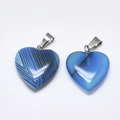 Sky Blue Natural Banded Agate/Striped Agate Pendants, Dyed, with Stainless Steel Snap On Bails, Heart, Stainless Steel Color, Sky Blue, 22~24x20~21x5~7mm, Hole: 3~4x7~8.5mm