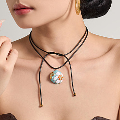 Pale Turquoise 304 Stainless Steel Enamel Flat Round with Flower Pendant Slider Necklaces for Women, Golden, Pale Turquoise, 36.22 inch(92cm)