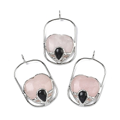 Розовый Кварц Крупные подвески из натурального розового кварца и обсидиана., Подвески в форме сердца с латунной рамкой, платина, 60.5~61.5x34~35x11~13 мм, отверстие : 6.5 мм