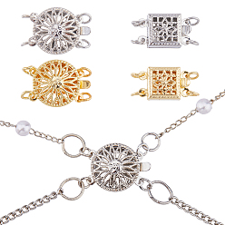 Платиновый & Золотой 4 шт 4 стили латунные застежки коробки, многожильные застежки, полые плоские круглые и квадратные, платиной и золотом, 13~14x8.5~12x3.5~5.5 мм, отверстие : 2 мм, 1 шт / стиль