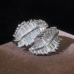 Platinum Brass Pave Clear Cubic Zirconia Cuff Open Rings, Leaf, Platinum, 15~20mm