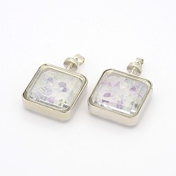 Fluorite Platinum Plated Brass Glass Floating Locket Pendants, with Fluorite Gemstone Chips Inside, Square, 43x30x13mm, Hole: 4x6mm