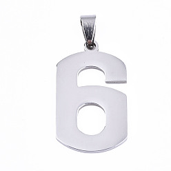 Number Non-Tarnish 201 Stainless Steel Pendants, Laser Cut, Number, Stainless Steel Color, Num.6, 34.5x20x1.5mm, Hole: 4.5x5mm