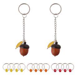 Platinum 2Pcs Wooden Acorn Box with Alloy Enamel Leaf Pendant Counter Chains, with 12Pcs 3 Colors Glass Seed Bead Locking Stitch Markers, Mixed Color, Platinum, 11.8cm