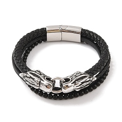 Дракон Плетеные браслеты из микрофибры и кожи, многорядные, 304 браслеты из нержавеющей стали и черного стекла для мужчин, дракон, 8-5/8x1 дюйм (22x2.5 см)