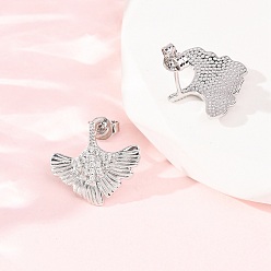 Платина Серьги-гвоздики из латунного микро-паве, лист, без кадмия и без свинца, стойки покрытие, долговечный, платина, 14.5x16 мм