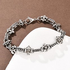 Античное Серебро 304 из нержавеющей стали ссылку цепи браслеты, Череп & fleur de lis, античное серебро, 8-7/8 дюйм (22.6 см)