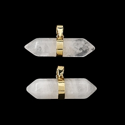 Хрусталь Подвески с двойным наконечником из натурального кварца, подвески из горного хрусталя в форме пули с латунными застежками, стойки покрытие, золотые, 12.5x32~32.5x9.5 мм, отверстие : 6x4.5 мм