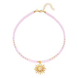 Бледно-Розовый Богемные подвески в виде солнца из цинкового сплава с эмалью и кристаллами, украшенные стразами., стекло бисера ожерелья, золотые, розовый жемчуг, 14.96 дюйм (38 см)