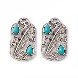 Antique Silver Synthetic Turquoise Teardrop Pendants, Rectangle Charms, with Rack Plating Alloy Findings, Antique Silver, 30x17x4mm, Hole: 2mm