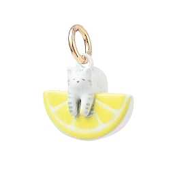 Cat Shape Vaporisez pendentifs en laiton peint, impression UV, or, chat sur des breloques en forme de tranche de citron, 13x14x9mm, Trou: 4mm