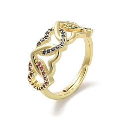Mixed Color Real 18K Gold Plated Brass Micro Pave Cubic Zirconia Adjustable Rings, Cadmium Free & Nickel Free & Lead Free, Heart, Mixed Color, US Size 8 1/4(18.3mm)
