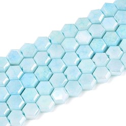 Светло-Синий Антикоррозийные гальванические стеклянные бусины, имитация драгоценных камней, шестиугольник, с покрытием AB цвета, граненые, два тона, голубой, 5x6x3 мм, отверстие : 0.9~1 мм, около 73~74 шт / нитка, 14.96~15.16'' (38~38.5 см)