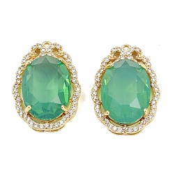 Средний Морско-зеленый Латунные микропаве прозрачные подвески с фианитом, со стеклом, овальные амулеты, долговечный, стойки покрытие, золотые, средний морской зеленый, 26x18x8.5 мм, отверстие : 1.4 мм