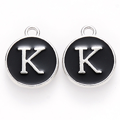 Black Initial Letter A~Z Alphabet Enamel Charms, Flat Round Disc Double Sided Charms, Platinum Plated Enamelled Sequins Alloy Charms, Black, 14x12x2mm, Hole: 1.5mm, 26pcs/set
