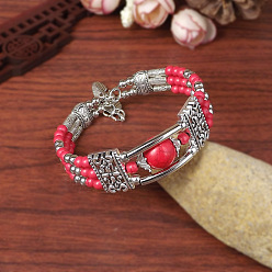 Светло-Вишневый Браслеты из синтетических бирюзовых бусин для женщин, с подвеской в виде пера из сплава, античное серебро, светло-вишневый, 5/8 дюйм (1.7 см), внутренний диаметр: 2-3/8 дюйм (6 см)