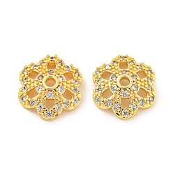 Golden Rack Plating Brass Micro Pave Clear Cubic Zirconia Bead Caps, Long-Lasting Plated, Lead Free & Cadmium Free, Flower, Golden, 11x10.5x3mm, Hole: 1.6mm