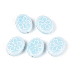 Светло-Голубой Ручной фарфоровые керамические шарики, овальная с цветочным узором, яркие глазированный фарфор, Небесно-голубой, 17.5x14x6 мм, отверстие : 2 мм