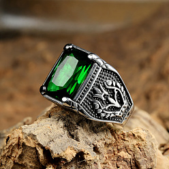 Зеленый 316Мужские винтажные резные кольца из нержавеющей стали с кубическим цирконием, квадратный, готические кольца, античное серебро, зелёные, размер США 12 (21.4 мм)