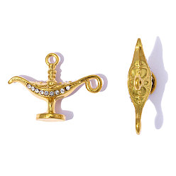 Настоящее золото 18K 304 подвески из нержавеющей стали, со стразами, чары лампы Аладдина, зеркальная полировка, ионное покрытие (ip), реальный 18 k позолоченный, 25x18 мм, отверстие : 2 мм