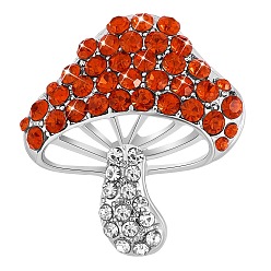 Orange Red Cubic Zirconia Mushroom Brooch, Alloy Badge for Backpack Clothes, Orange Red, 30x27mm