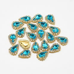 Aquamarine Sew on Rhinestone, Multi-strand Links, Glass Rhinestones, with Brass Findings, Garments Accessories, teardrop, Golden, Aquamarine, 17.5x12.5x5.5mm, Hole: 1mm