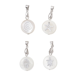 Серебро Природные подвески оболочки пресноводных, плоские круглые подвески с металлическими фигурками морских животных и застежками-крючками, белые, разнообразные, серебряные, 19~20x15~15.5x3~4.5 мм, отверстие : 4.5x3.8 мм