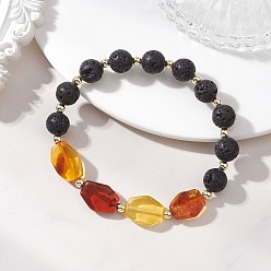 Янтарный Эластичные браслеты из натурального янтаря и бусин из лавового камня для женщин, круглые и самородки, с Гальваническим немагнитных синтетическими гематита бисера, внутренний диаметр: 1.99 дюйм (5.05 см)