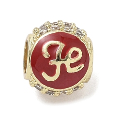 Красный Латунные микропаве прозрачные кубические циркониевые эмалевые европейские бусины, бусины с большим отверстием, круглый со словом fe, стойки покрытие, долговечный, без свинца и без кадмия, реальный 18 k позолоченный, красные, 10x8.5 мм, отверстие : 4.3 мм