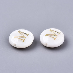 Letter M Natural Freshwater Shell Beads, with Golden Plated Brass Etched Metal Embellishments, Flat Round, Seashell Color, Letter.M, 8x3~5mm, Hole: 0.5~07mm