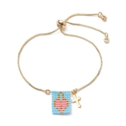 Golden Glass Seed Heart & Brass Cross Charms Silder Bracelets, with Box Chains, Golden, Inner Diameter: 2-5/8 inch(6.6cm)