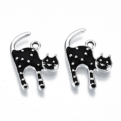 Черный Экологически чистые подвески из цинкового сплава, с эмалью, без кадмия, без никеля и без свинца, форма кошки, платина, чёрные, 22~23x14~15x2~3 мм, отверстие : 1.8 мм
