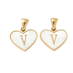 Letter V 304 сердце из натуральной белой ракушки из нержавеющей стали с подвесками в виде инициалов, ионное покрытие (ip), золотые, Буква V, 14x16x2 мм, отверстие : 4.5x3 мм