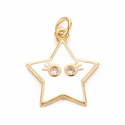 Кремово-белый Латунные микропаве прозрачные подвески с фианитом, с эмалью и прыжковым кольцом, без кадмия, без никеля и без свинца, улыбающееся лицо звезды, реальный 16 k позолоченный, кремово-белые, 19x17x2 мм, Перейти кольцо: 5x1 мм, 3 мм внутренним диаметром