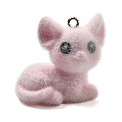 Pink Кулоны из флокированной смолы, кошка, с петлей из платинового железа, розовые, 26x27x17.5 мм, отверстие : 2 мм