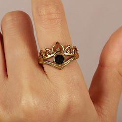 Black 304 Stainless Steel Cuff Open Rings for Women, Crown, with Enamel, Real 18K Gold Plated, Black, US Size 4 1/4(15mm)~20mm