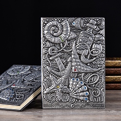 Plata Antigua Cuaderno de cuero pu en relieve 3d, para material de oficina escolar, un diario de patrones temáticos del océano, plata antigua, 5 mm