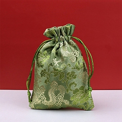 Yellow Green Dragon Print Cloth Pouches, Drawstring Bag for Jewelry Storage, Rectangle, Yellow Green, 14x10cm