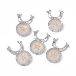 Quartz Crystal Natural Quartz Crystal Connector Charms, Rock Crystal, Cattle Head Links with Star, with Rack Plating Platinum Tone Brass Findings, Cadmium Free & Lead Free, 47.5x31.5x5mm, Hole: 2mm