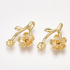 Real 18K Gold Plated Brass Peg Bails Pendants, For Half Drilled Bead, Flower, Nickel Free, Real 18K Gold Plated, 22.5x17x6.5mm, Hole: 4x3.5mm, Pin: 0.8mm
