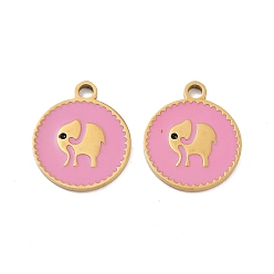 Бледно-Розовый Ионное покрытие (ip) 316 подвески из нержавеющей стали с эмалью, Плоская круглая подвеска с узором в виде слона, реальный 18 k позолоченный, розовый жемчуг, 18x15x1.5 мм, отверстие : 2 мм