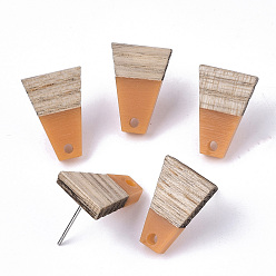 Coral Resin & Cedarwood Stud Earring Findings, with 304 Stainless Steel Pin, Trapezoid, Coral, 18x12.5mm, Hole: 1.8mm, Pin: 0.7mm