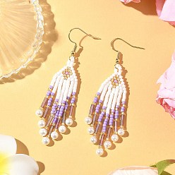 Лиловый 304 серьги-стрелы из стеклянных бусин из нержавеющей стали, золотые, с жемчугом из раковины , сирень, 69x20 мм