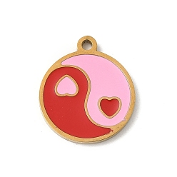 Pink 304 из нержавеющей стали шармы эмали, реальный 18 k позолоченный, плоский круглый с инь-янь и сердечком, розовые, 14x12x1 мм, отверстие : 1.2 мм