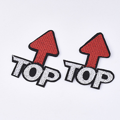 Red Computerized Embroidery Cloth Iron on/Sew on Patches, Appliques, Costume Accessories, Arrow with Word Top, Red, 65x59x1mm