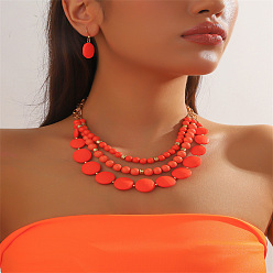 Оранжево-Красный Комплекты из плоских круглых и многослойных бус и висячих серег из смолы, комплекты украшений из золотого сплава, оранжево-красный, 420 мм