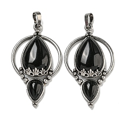 Obsidiana Colgantes naturales de obsidiana, dijes en forma de lágrima de latón chapado en estante, plata antigua, sin plomo y cadmio, 49.5x28x7 mm, agujero: 8x5 mm