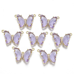 Сливовый Экологически чистые соединители звеньев из сплава, со стеклом и прозрачным кубическим цирконием, бабочка, без никеля , золотой свет, слива, 16x24x6 мм, отверстие : 1.2 мм